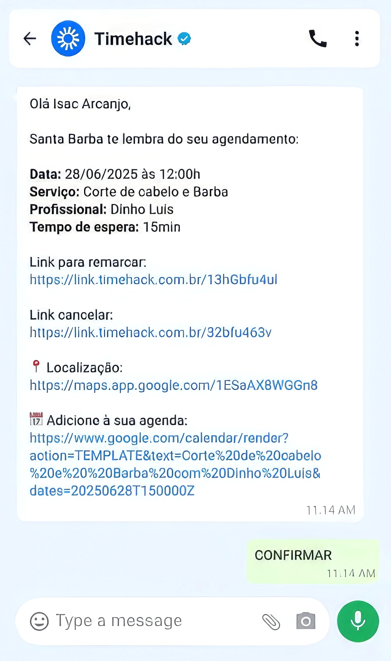 Card que descreve a confirmação via WhatsApp, com imagem simulando conversa no whatsapp