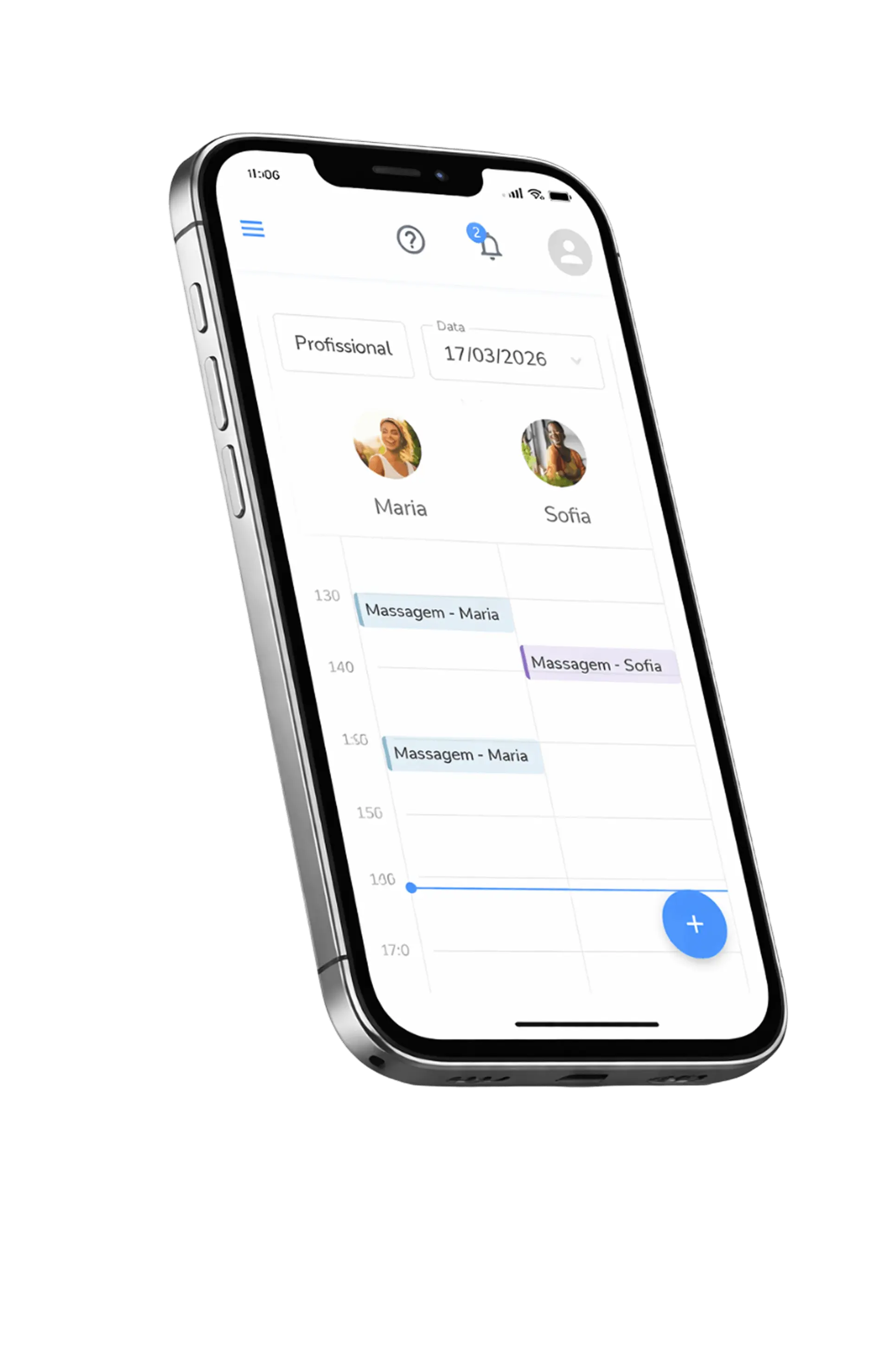 Imagem de um celular com o sistema TimeHack mostrando agendamentos